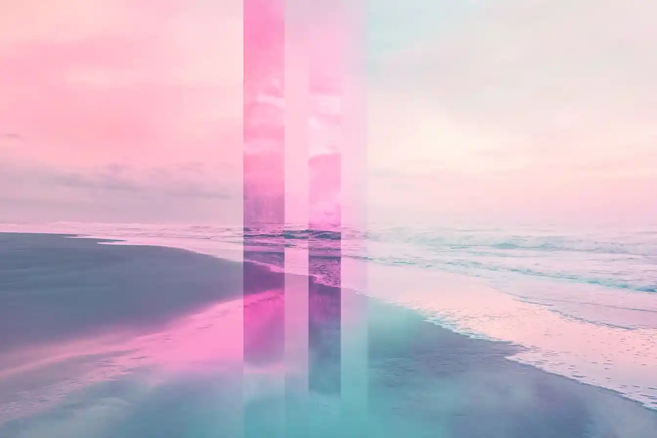 Surreal ruhige Strandlandschaft in metallischen Pastelltönen