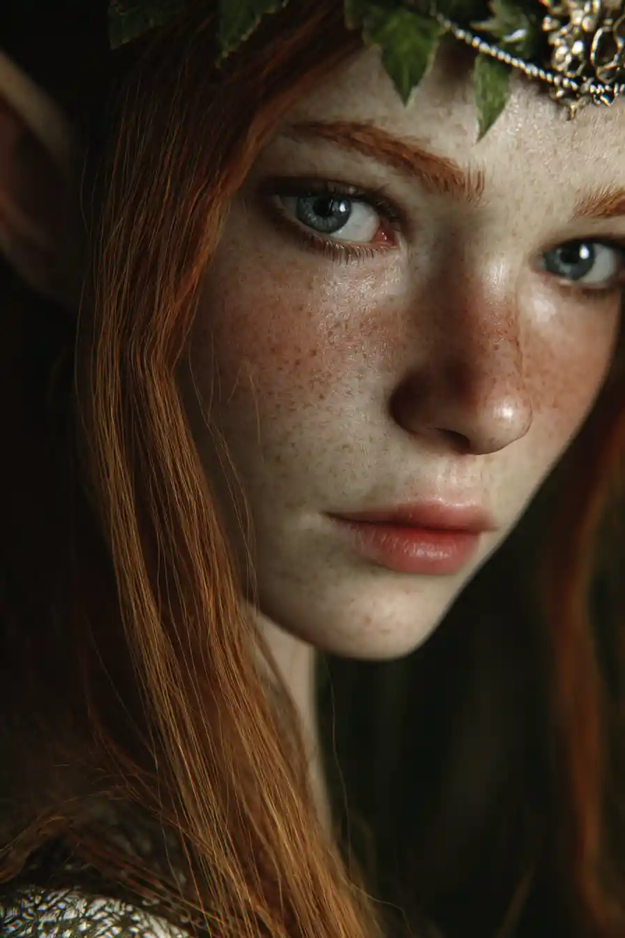 Cinematic portrait of a pale red haired elf girl