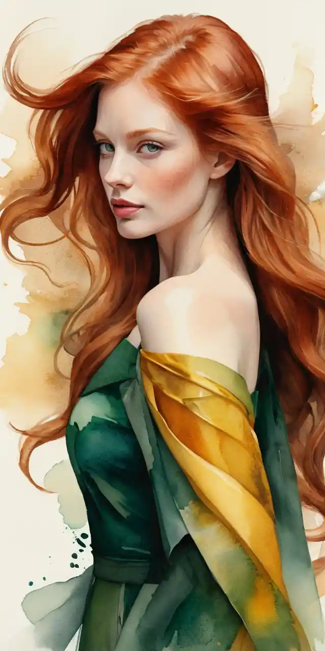 Red haired woman in profile with flowing windswept hair