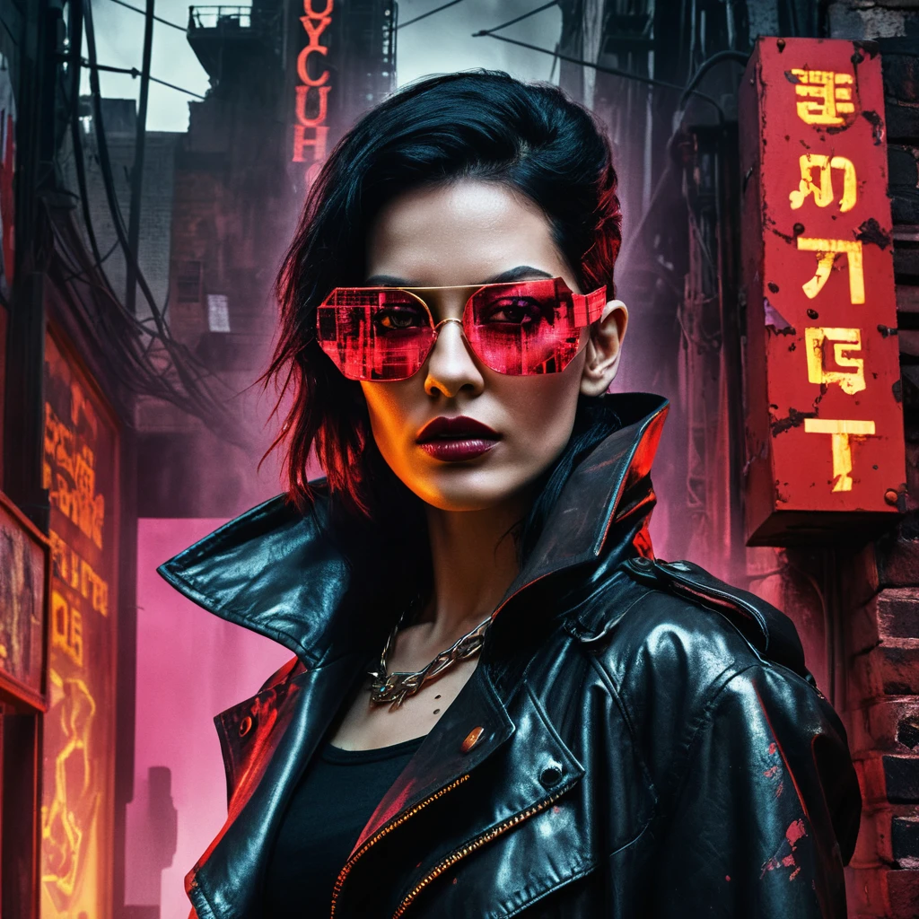 Cyberpunk outlaw queen poster on cracked industrial wall