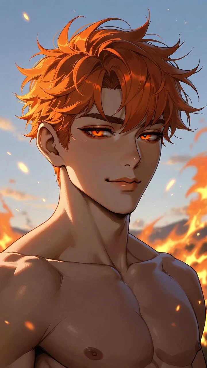 Confident orange haired man standing under glowing sunset sky