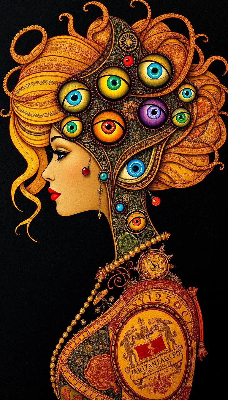 Surreal portrait of a woman with vibrant eyes in flowing hair