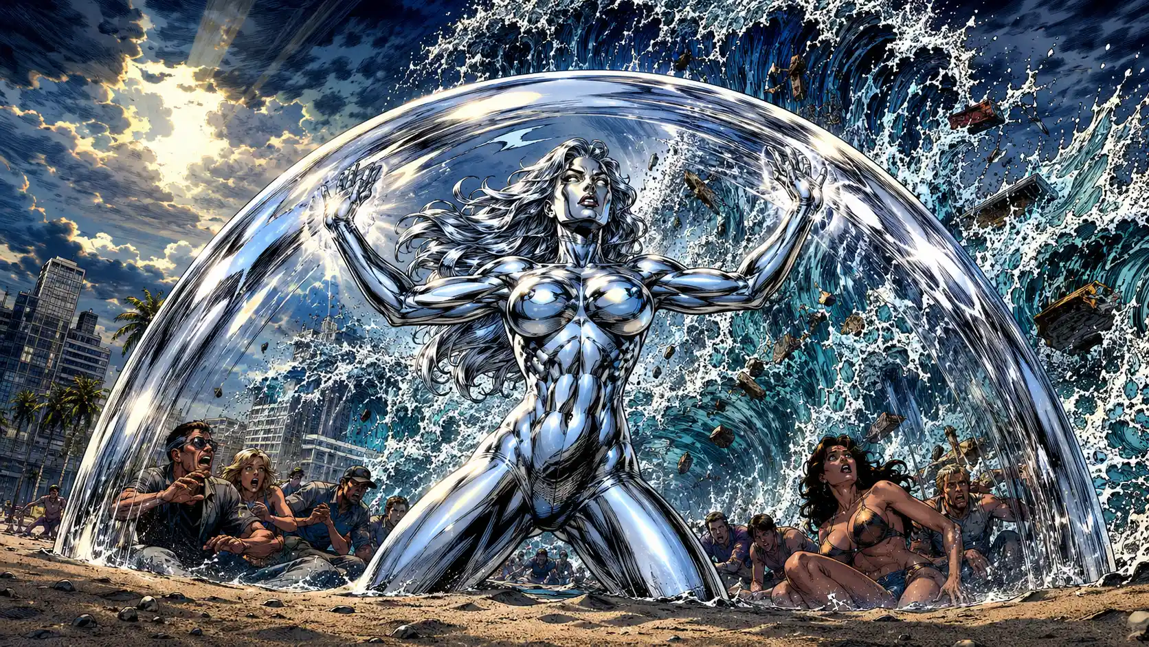 Chrome skinned superhero shielding a frozen tsunami wave