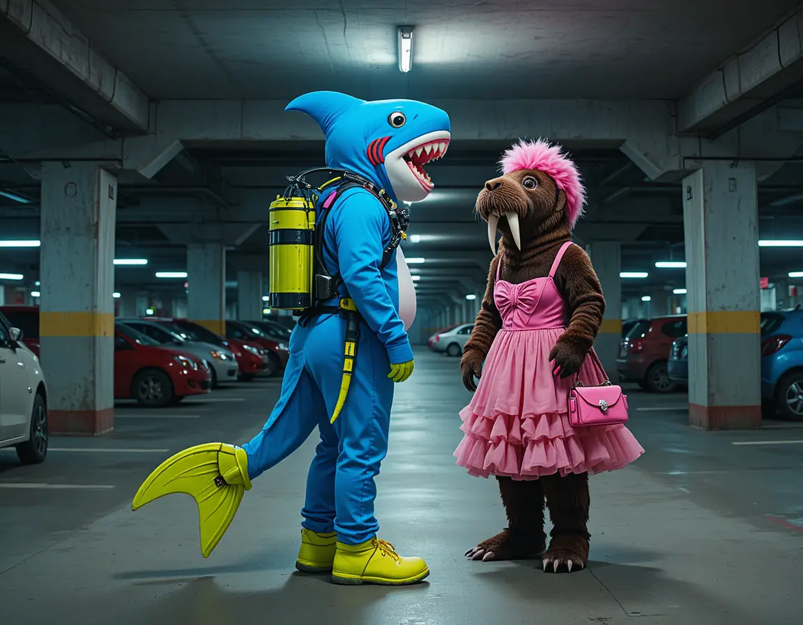 Colorful shark and walrus mascots in a dim parking garage