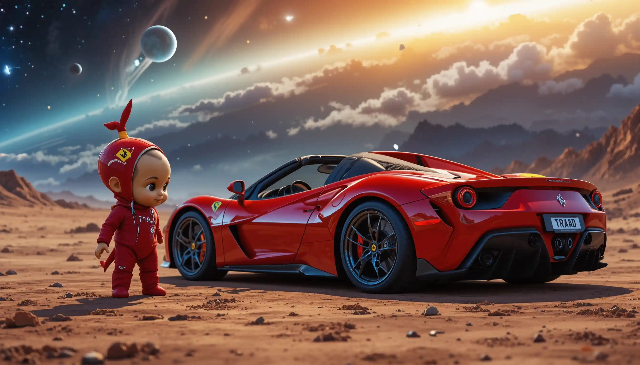 3d sports car with alien character on comet in space