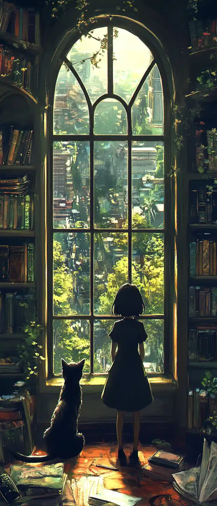 Anime girl with black cat in a golden lit room