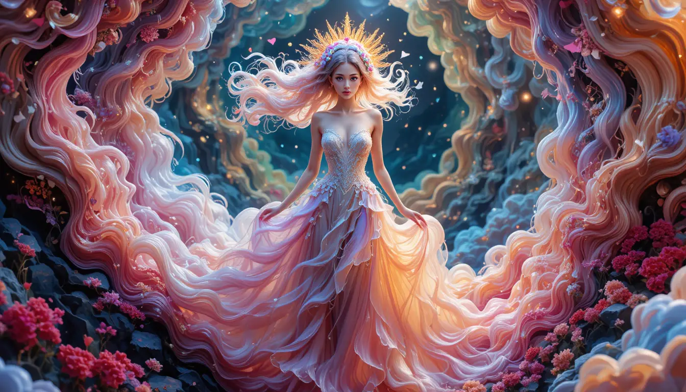 Ethereal enchantress stepping into a vibrant fantastical realm