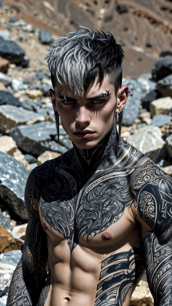 Tattooed muscular man in rocky landscape under harsh light