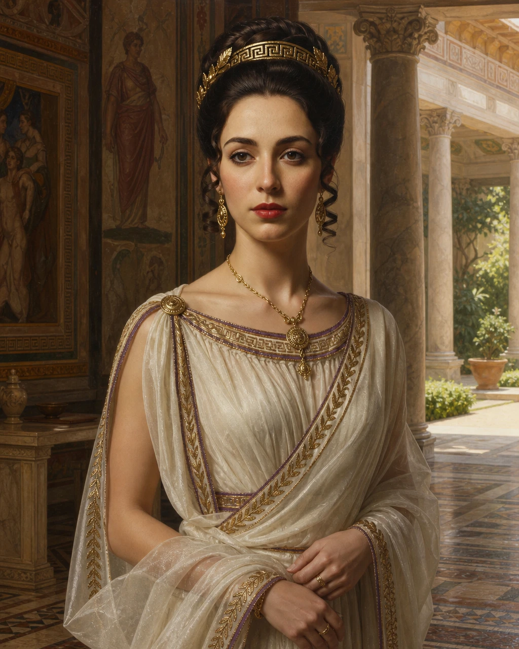 Elegant woman in an ancient Roman villa atrium
