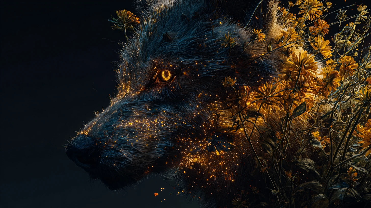 Mystical Wolf Head Emerging From Wildflowers In Darkness