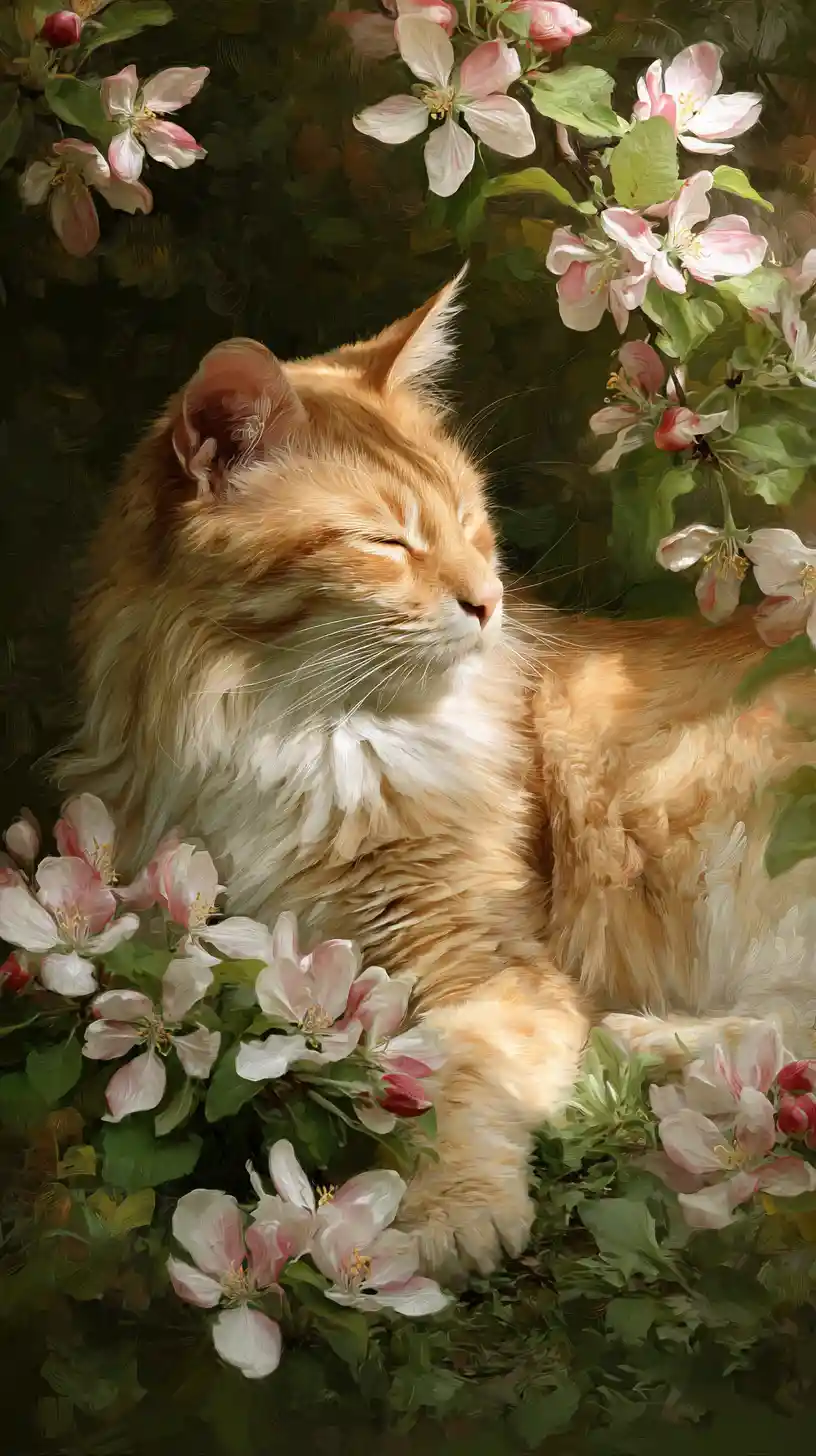Orangefarbene getigerte Katze ruht friedlich in einer blühenden Obstwiese