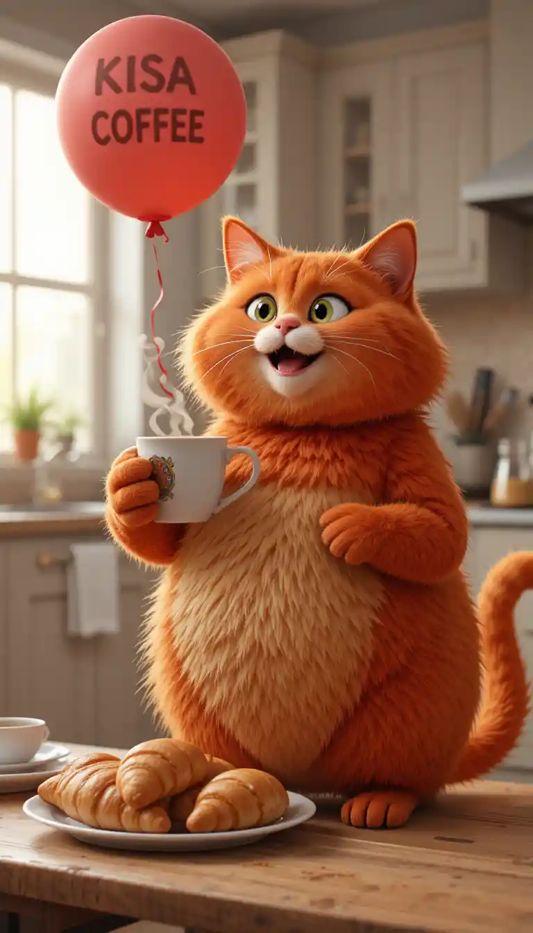 Cheerful 3D fat red cat with coffee in a kitchen