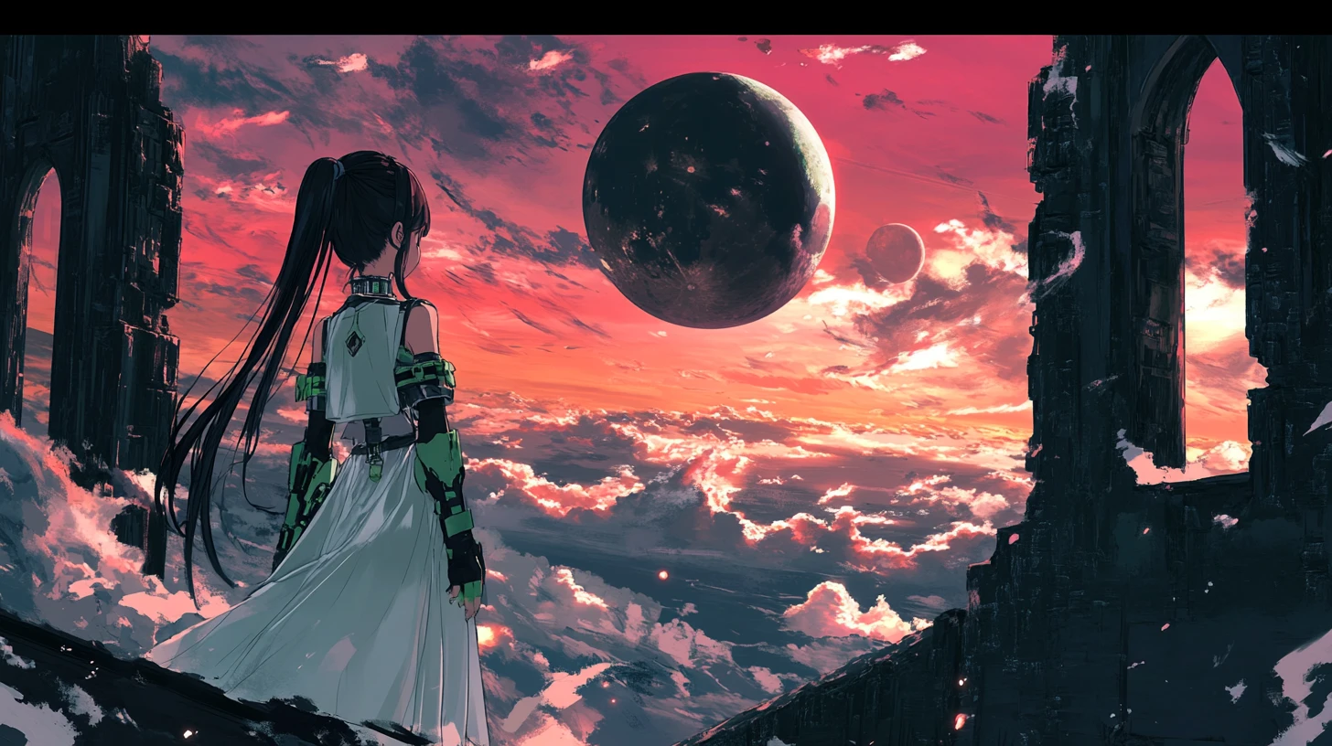 Anime girl in green on castle wall at sunset