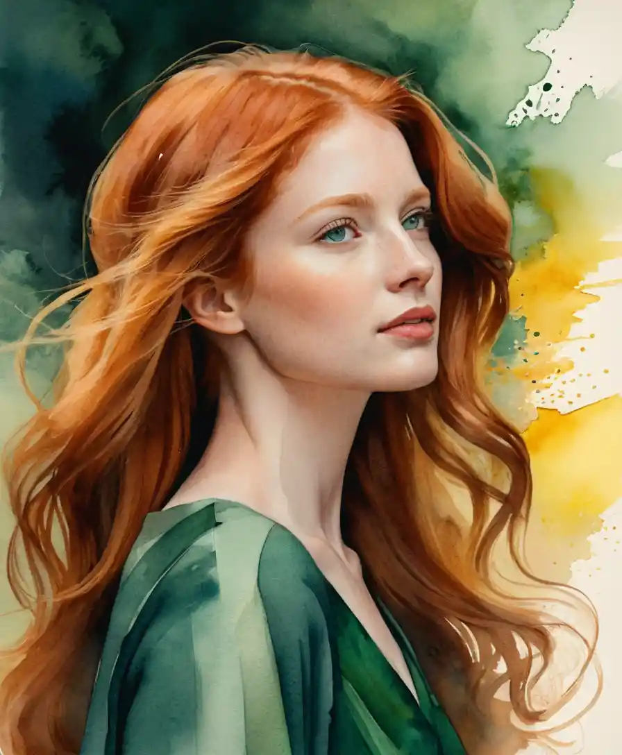 Red haired woman in profile with flowing windswept hair