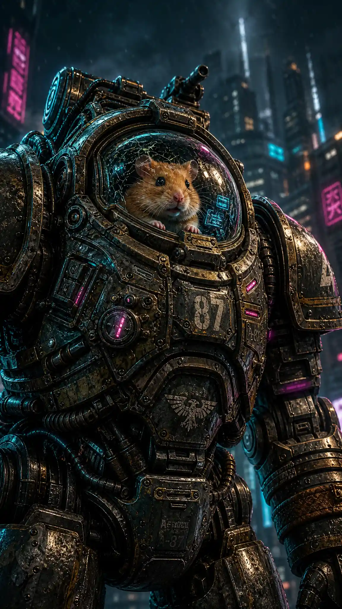 Tiny golden hamster inside towering cyberpunk power armor