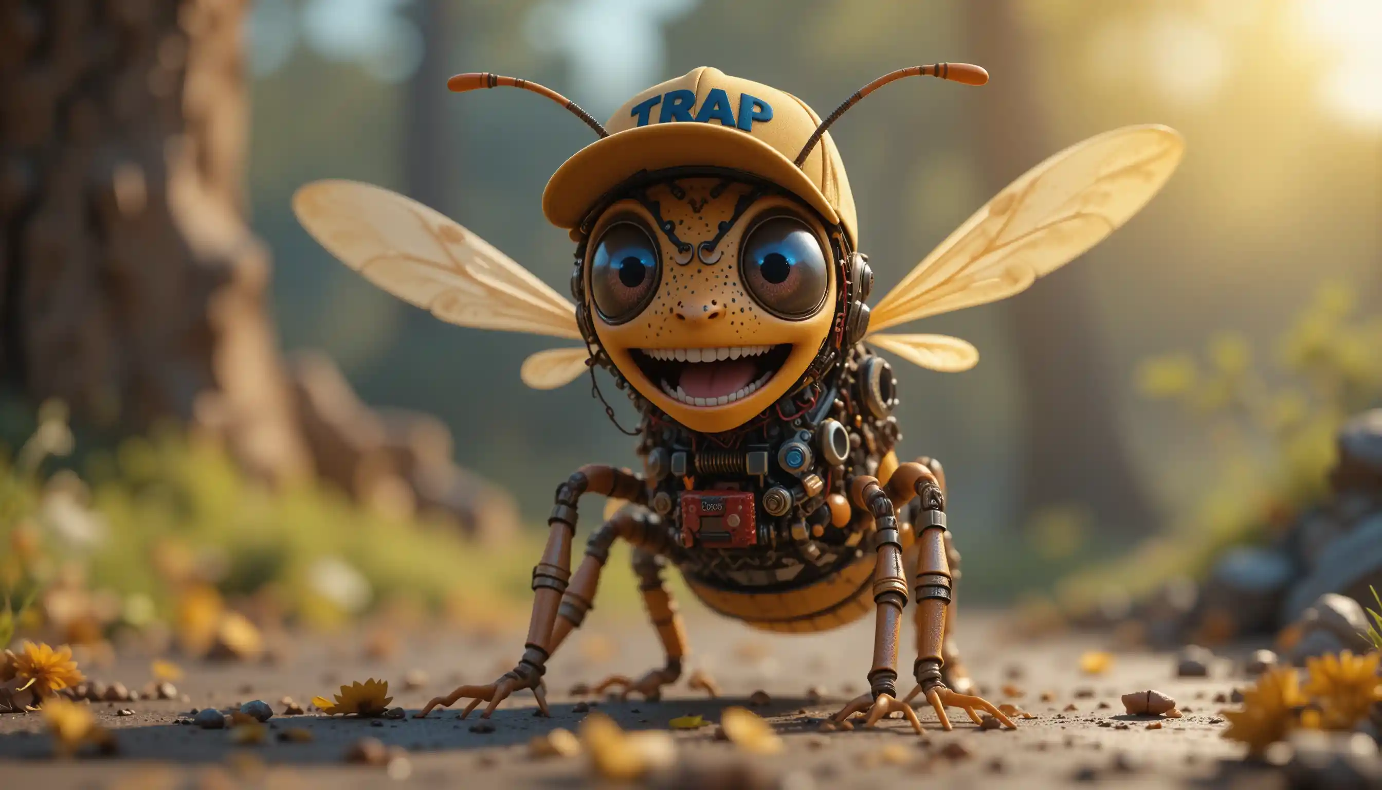 Laughing robotic hornet character in vibrant 3D scene