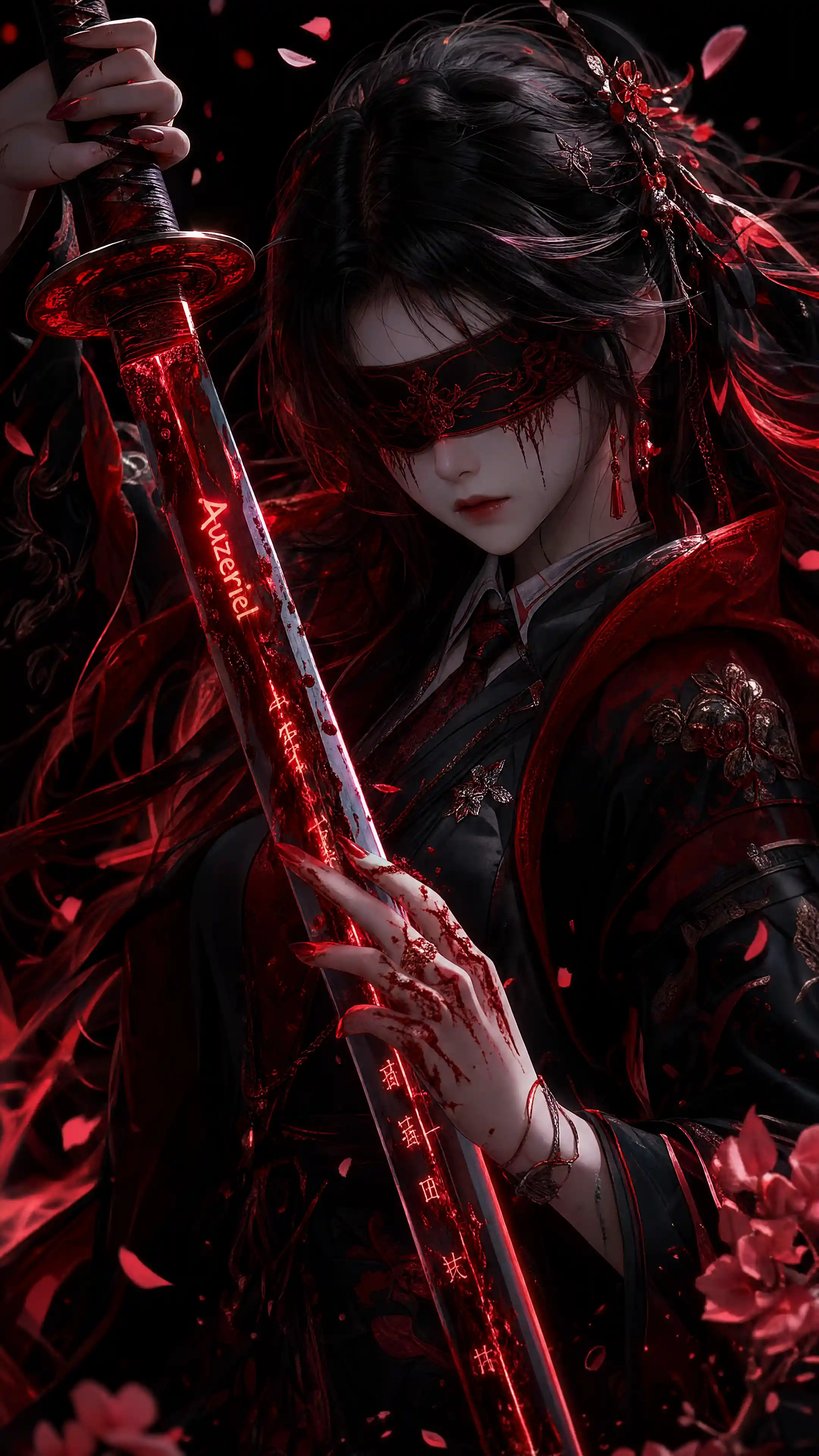 Blindfolded anime girl in dynamic katana battle pose