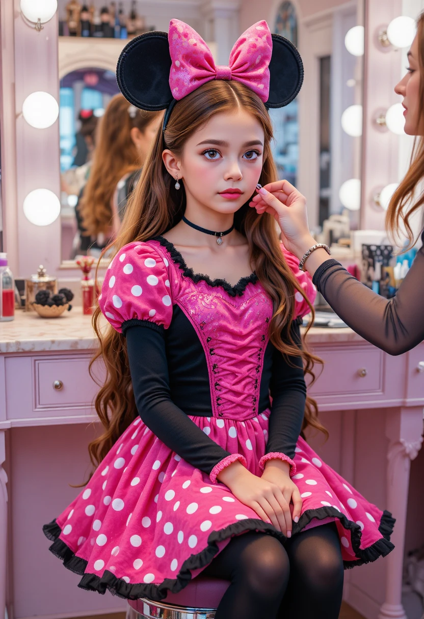 Tween boy dressed as Minnie Mouse at boutique vanity