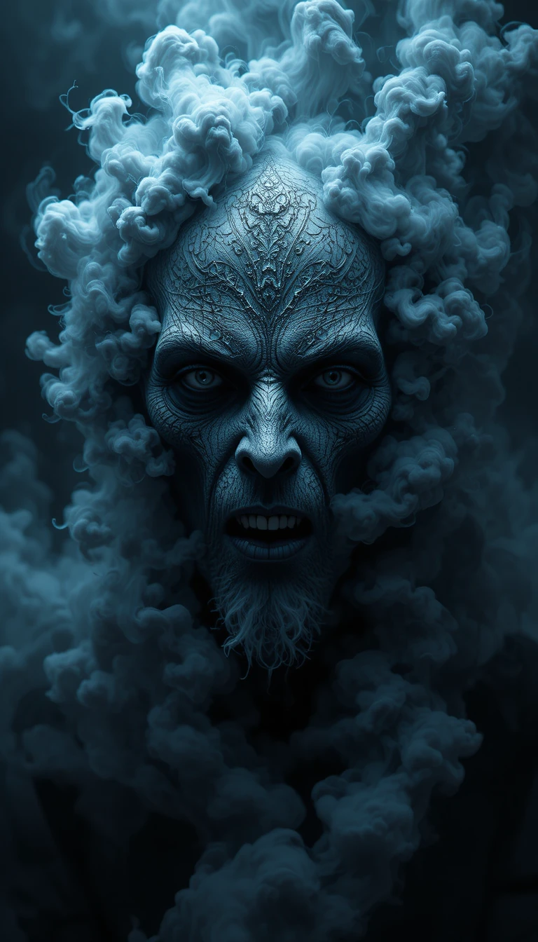 Mystical smoky humanoid face in dark swirling clouds