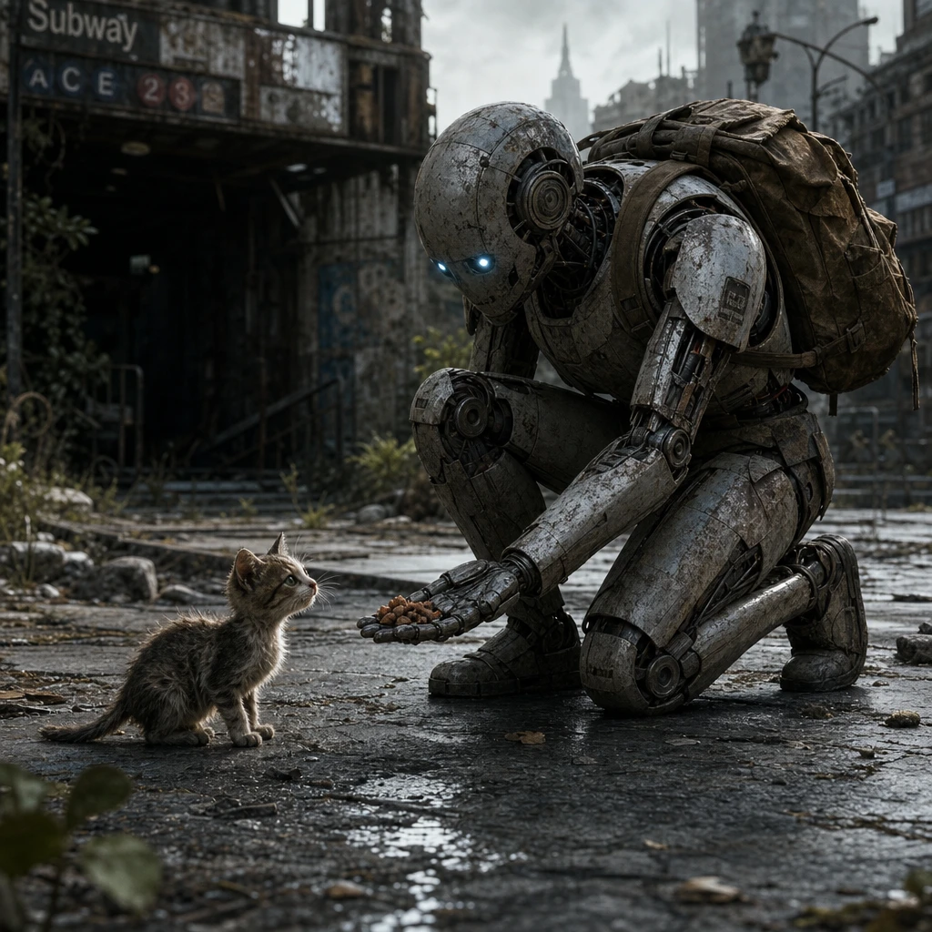 Humanoid robot feeding a kitten in an abandoned subway