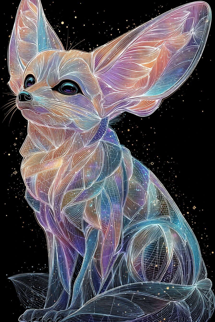Neon fennec fox in glowing rainbow line art profile