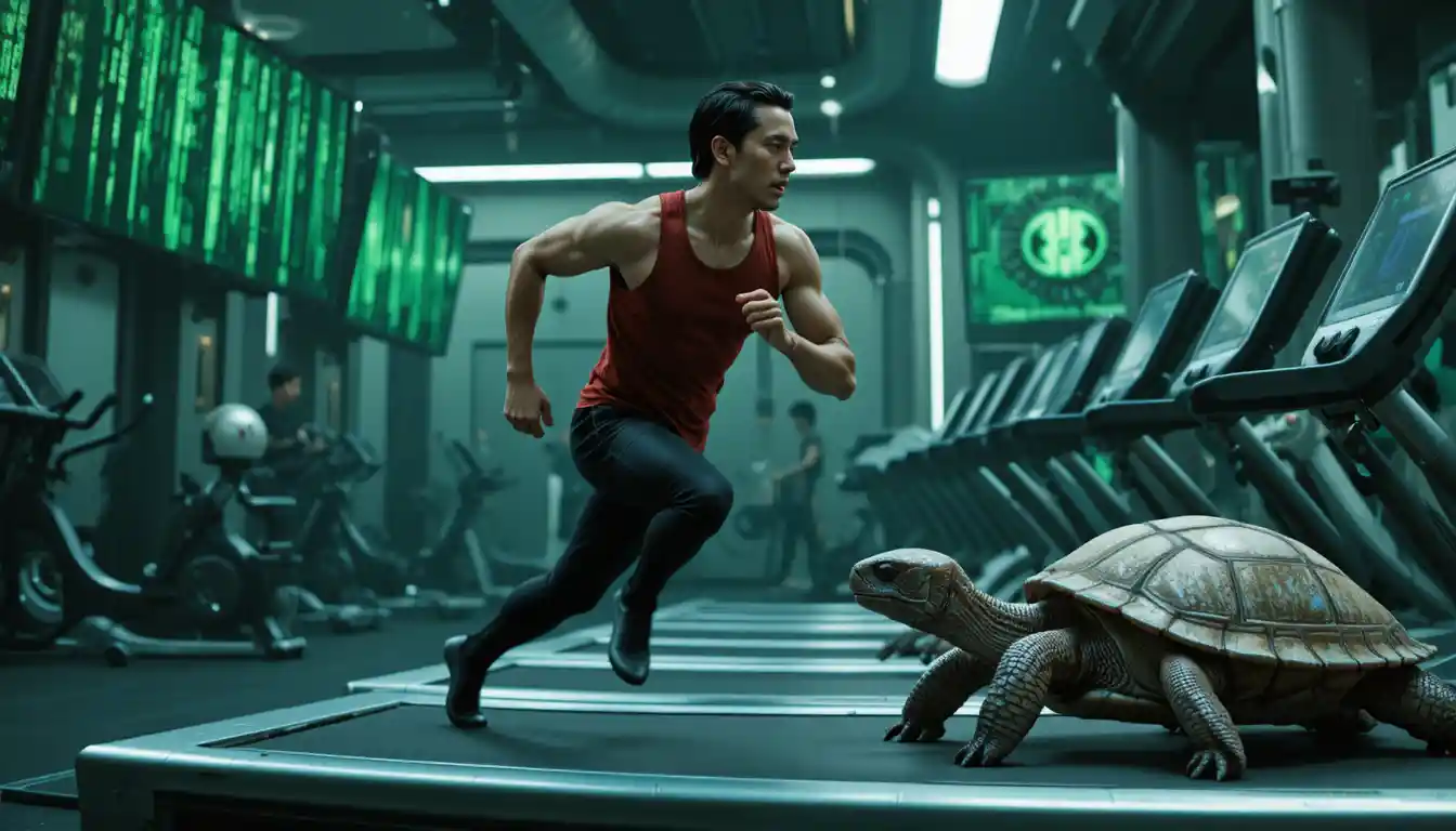 Neo running on futuristic treadmill in dystopian green gym