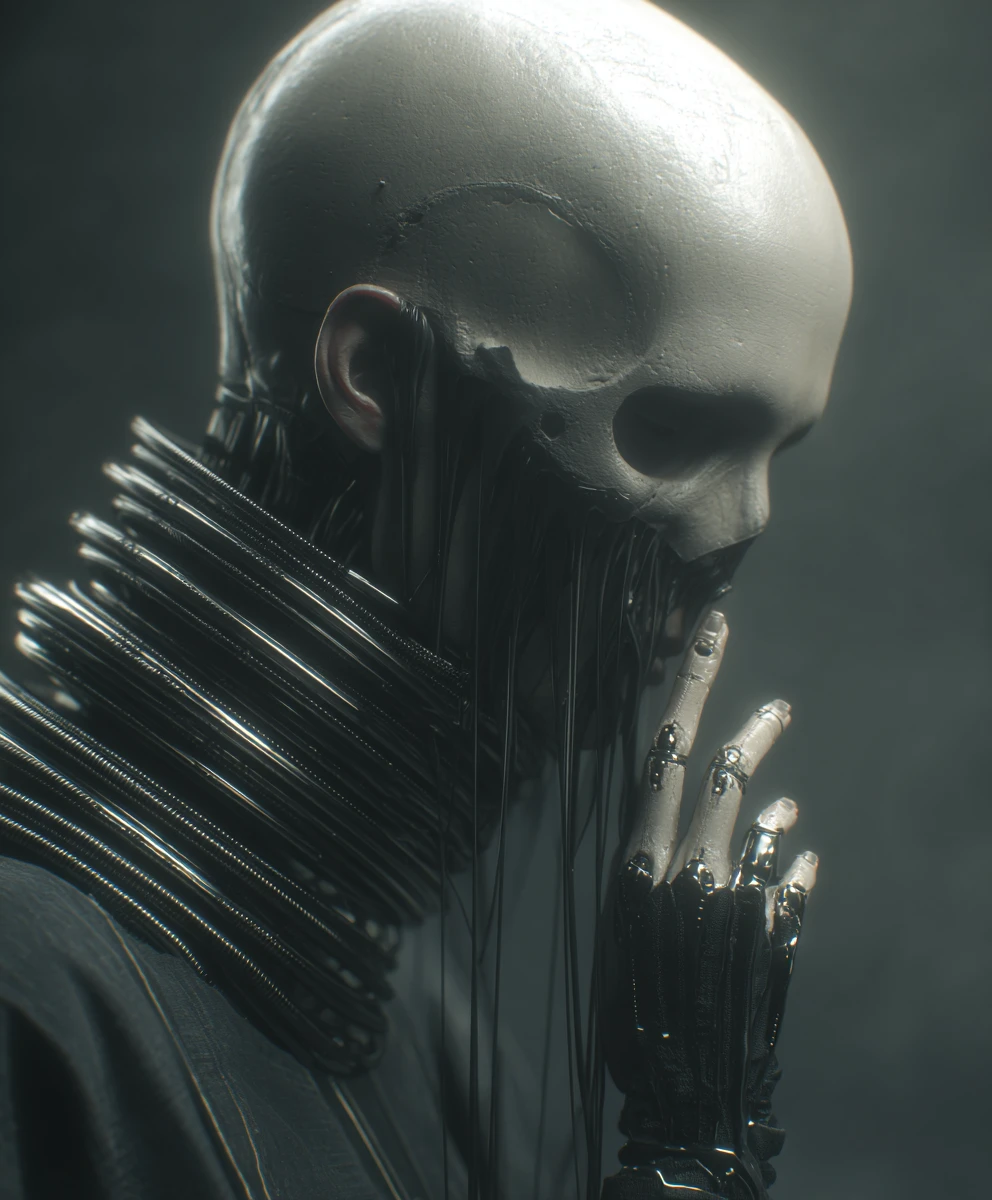 Surreal biomechanical woman with skeletal face and raised hand