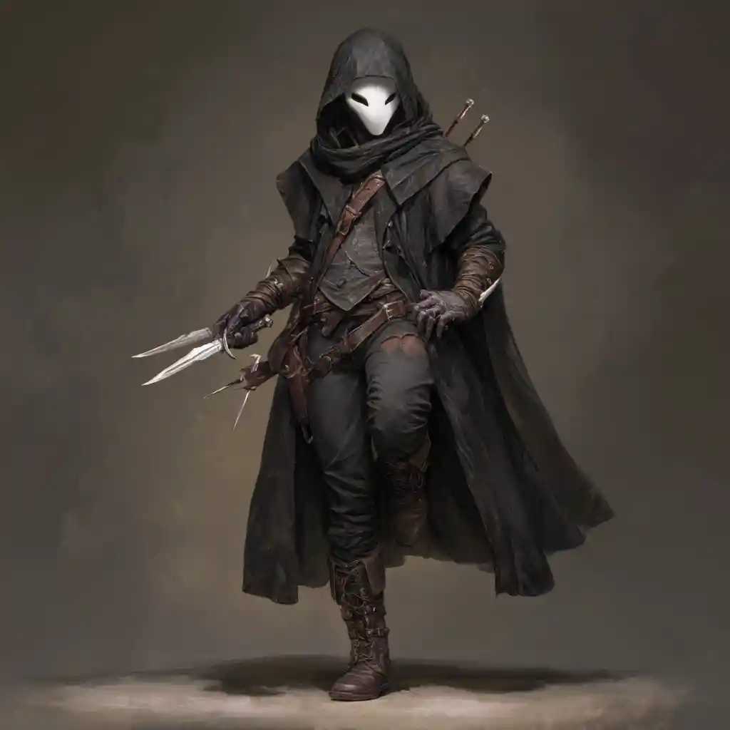 Masked elf rogue with throwing knives in leather cloak