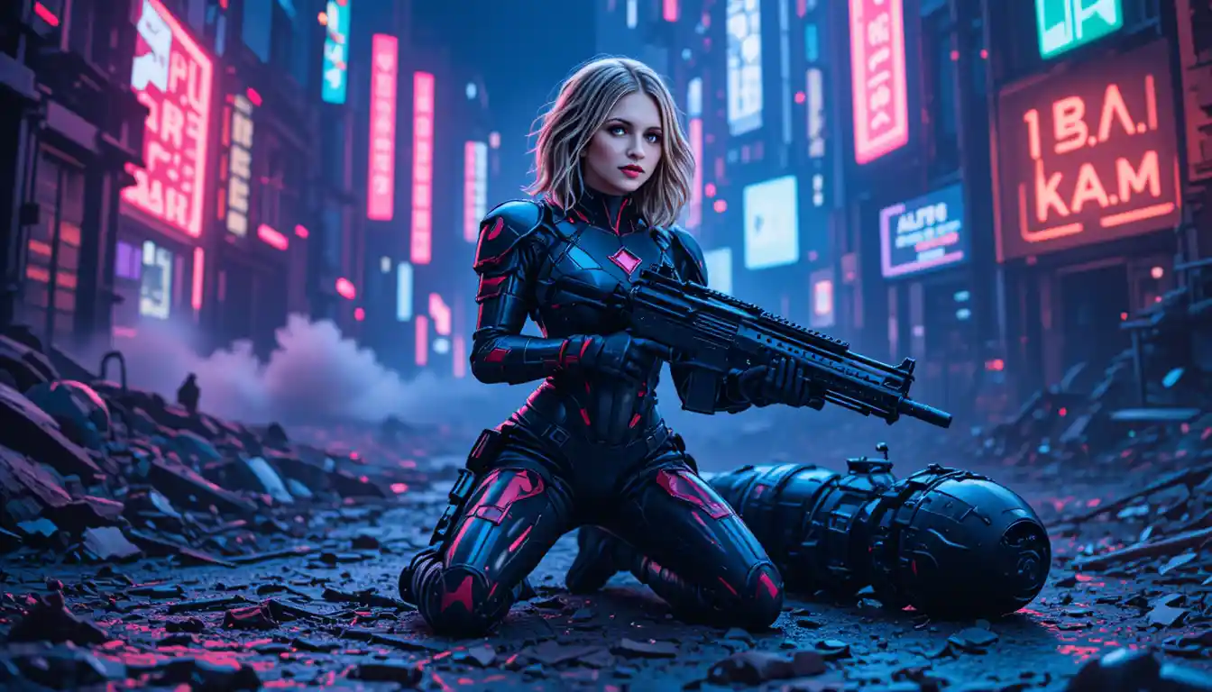 Armored sci fi woman kneeling with rifle in battle ruins