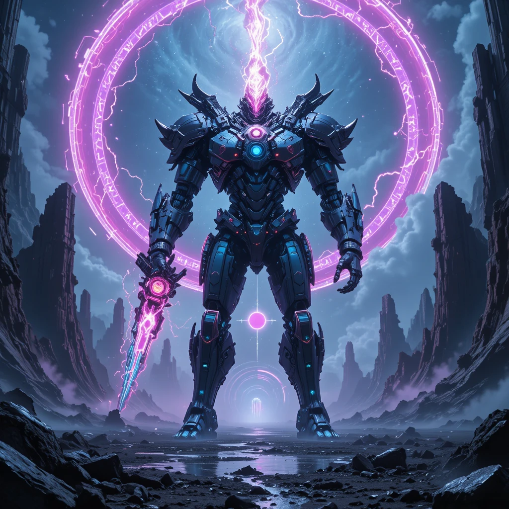 Ancient biomechanical mech god in alien crystal landscape