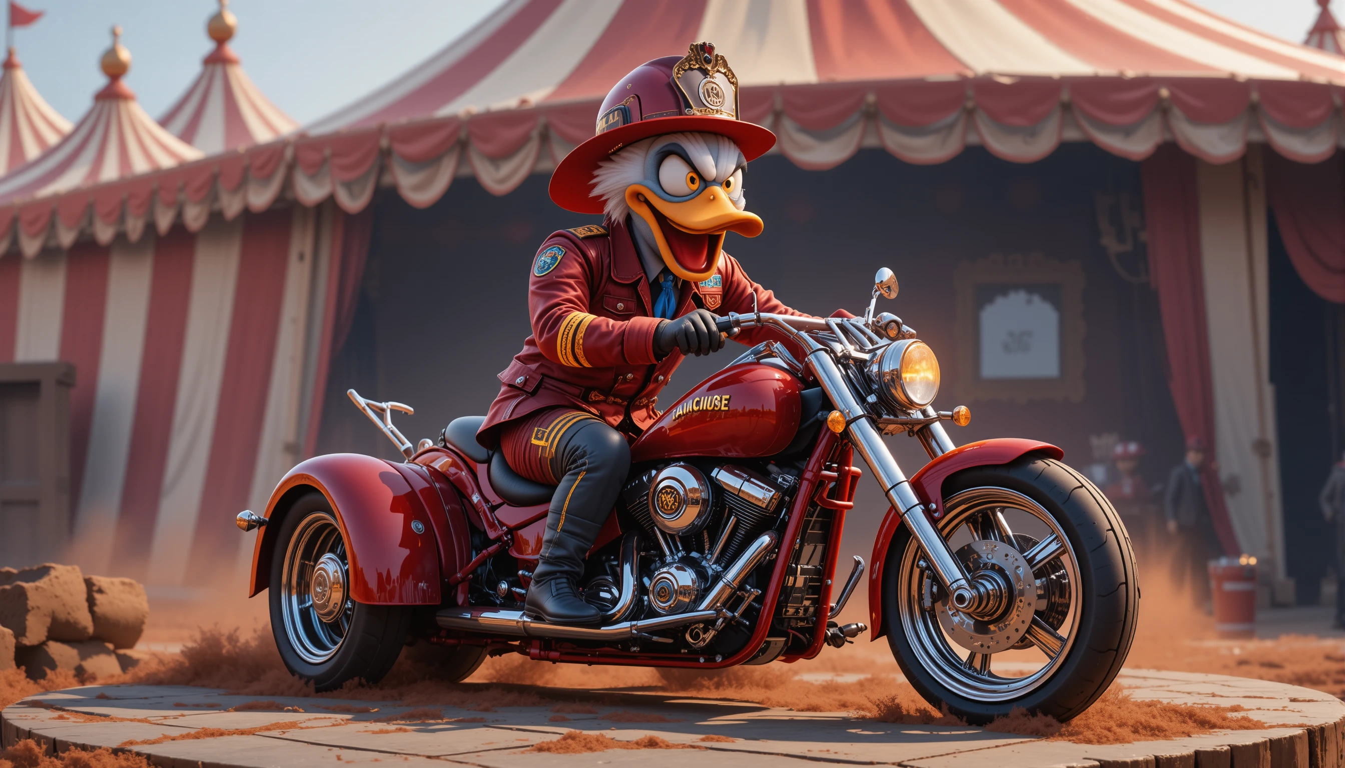 Furious 3D cartoon duck with rifle beside circus trike