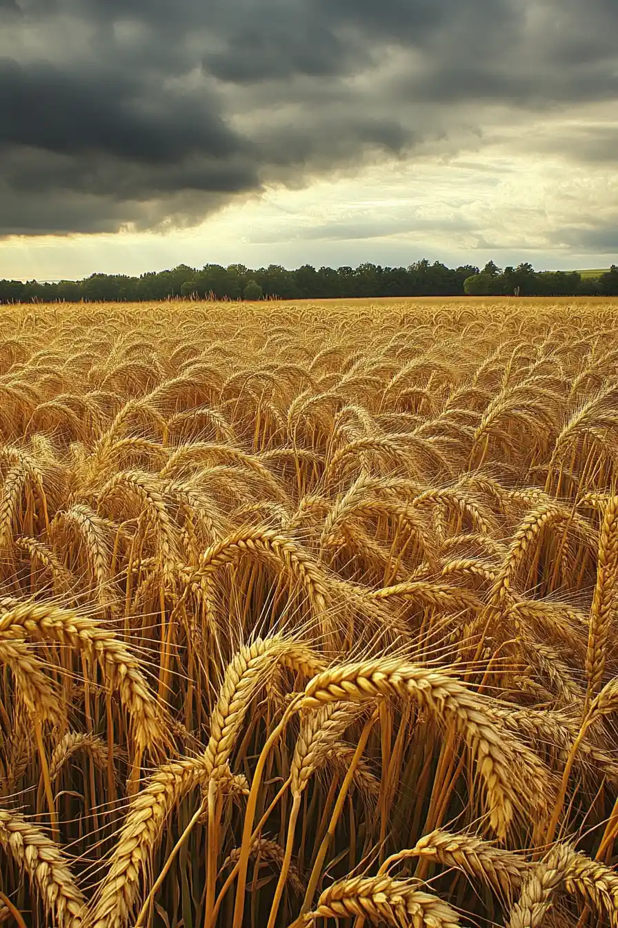 Golden grain field under heavy gray clouded sky