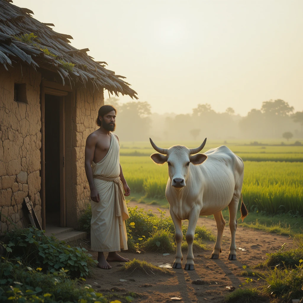 Indian farmer with white cow in village sunrise field