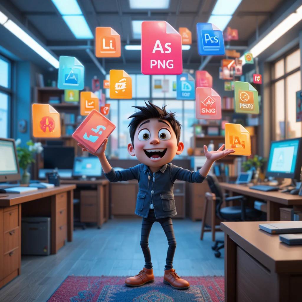 Diseñador 3D alegre con íconos flotantes de archivos de logotipo