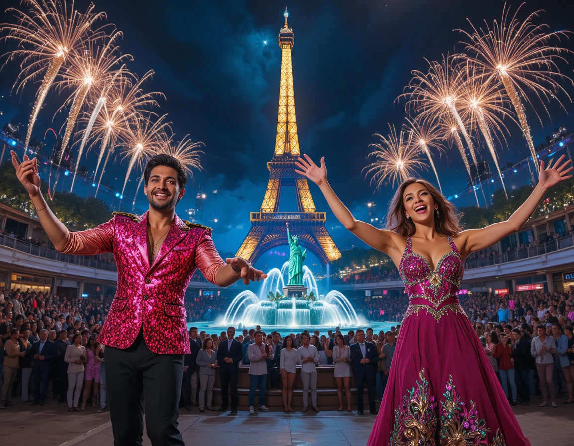 Young contestants celebrating onstage before a glowing Paris skyline