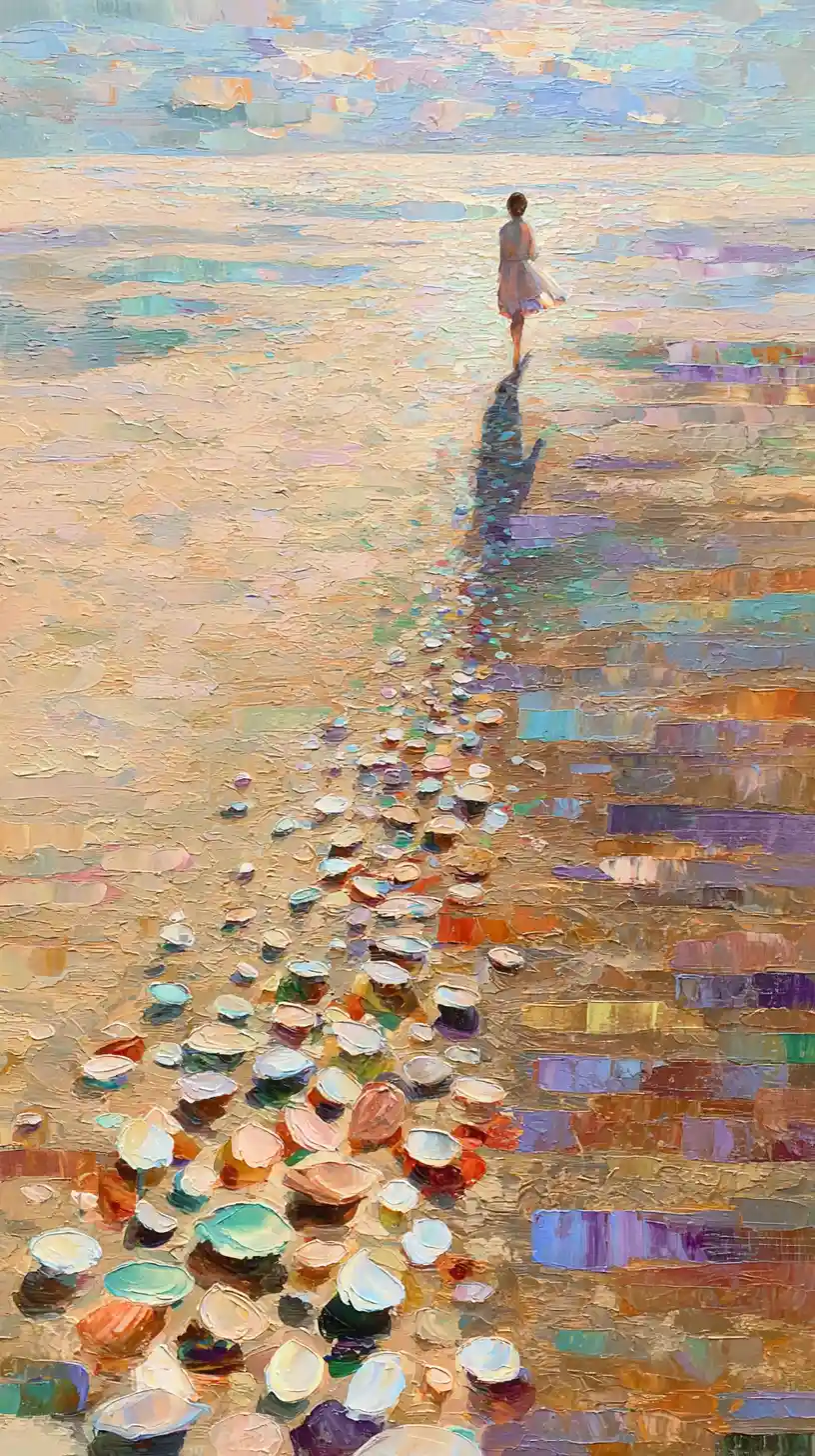 Joyful Woman Walking Along A Shell Lined Beach Shore