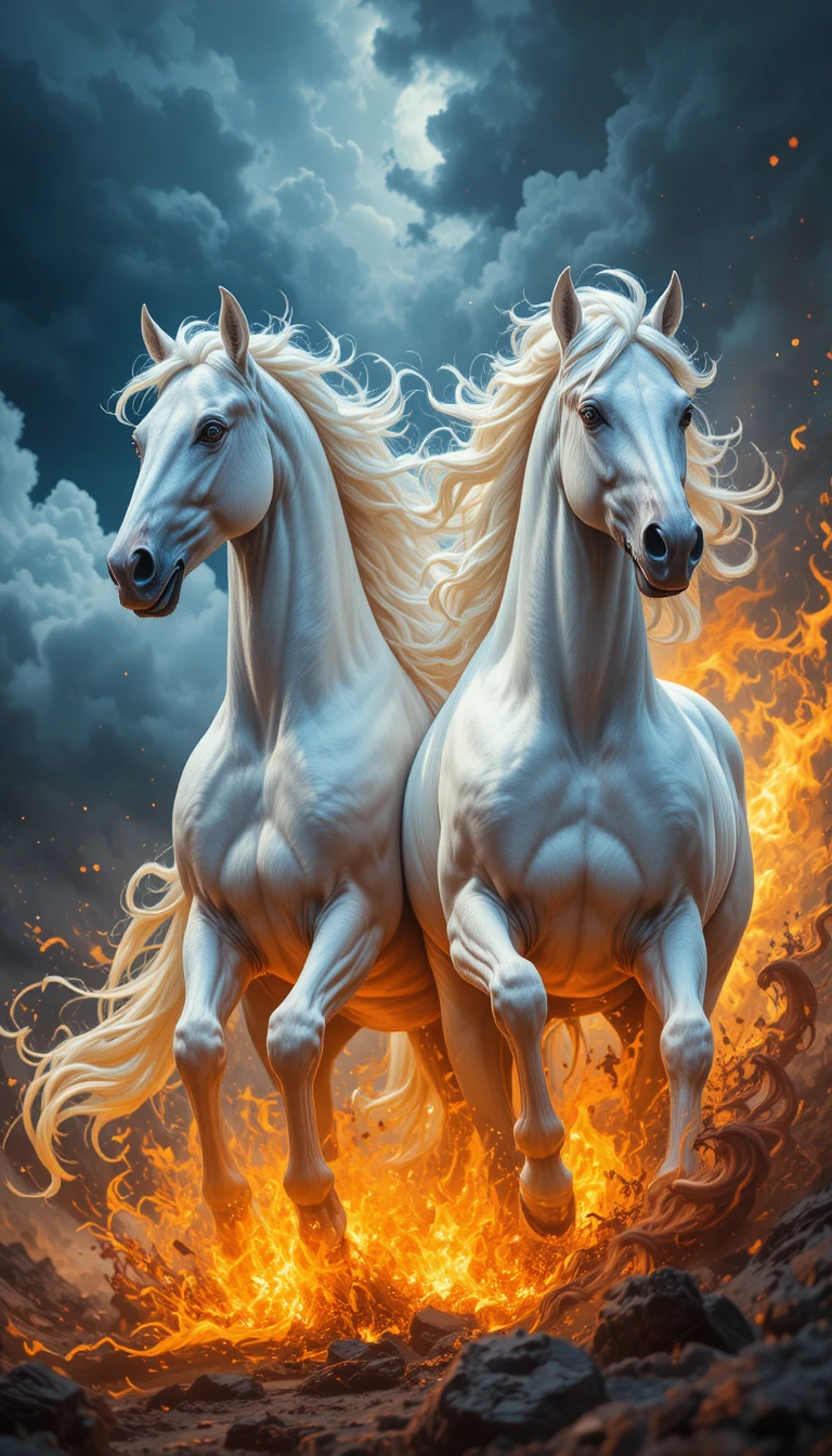 Two white horses galloping through a fiery swirling storm