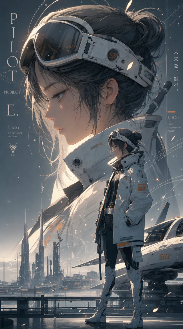 Retrato de piloto mujer de anime sci‑fi con ciudad de fondo