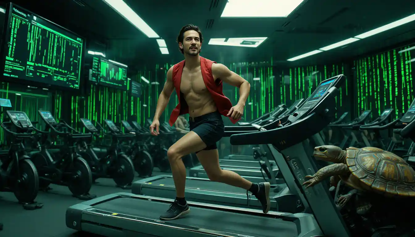 Neo training on a futuristic treadmill in green lit gym