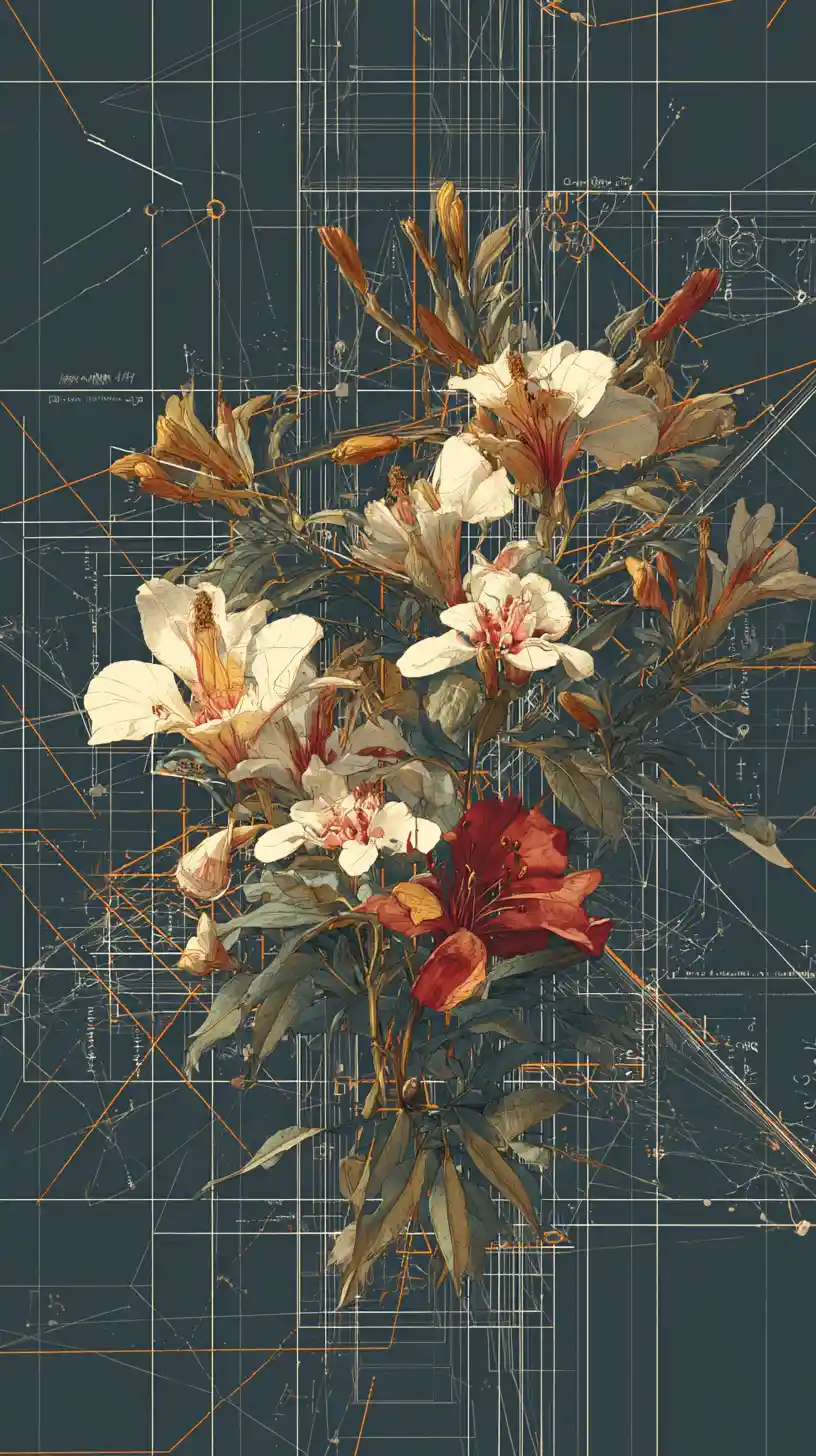 Geometric framework merged with organic flowers and glowing lines