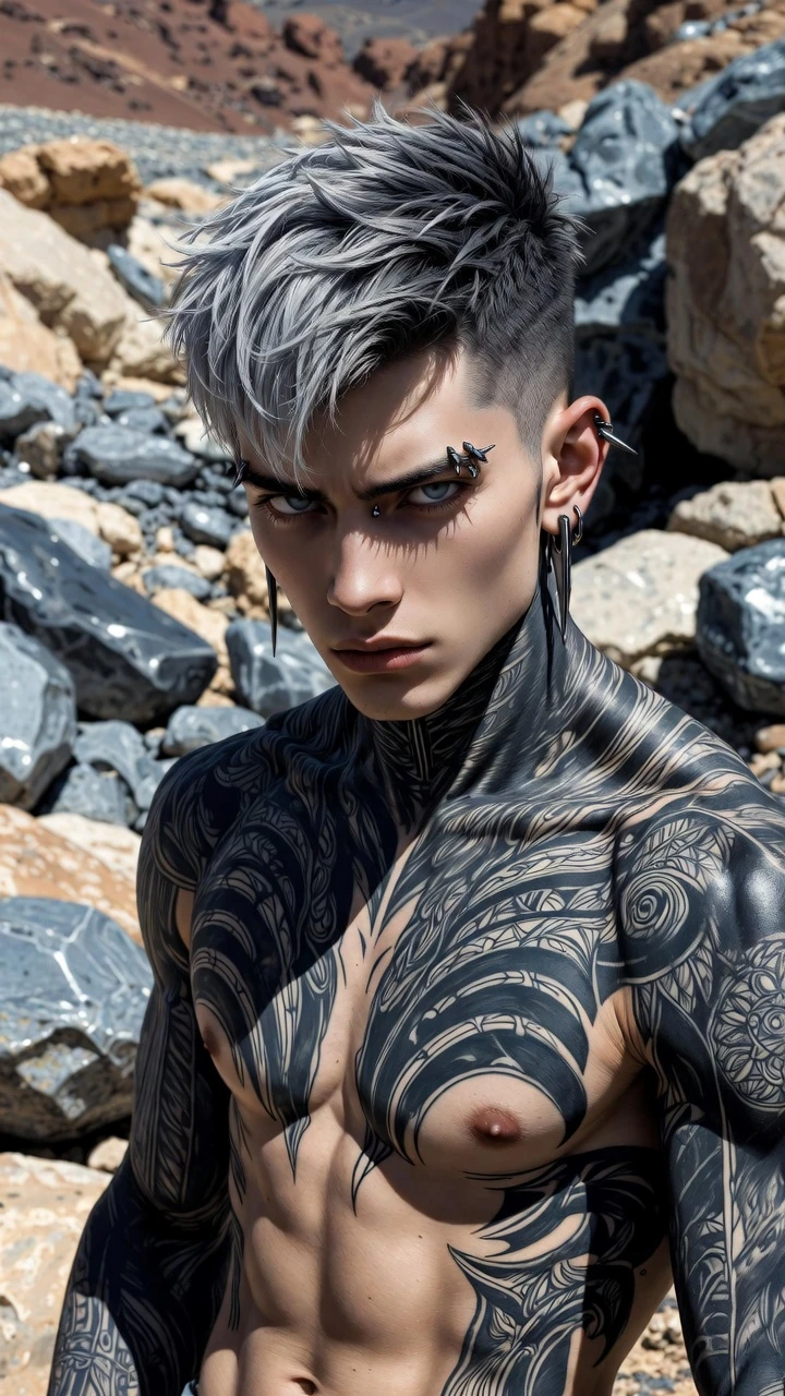 Tattooed muscular man in rocky landscape staring forward