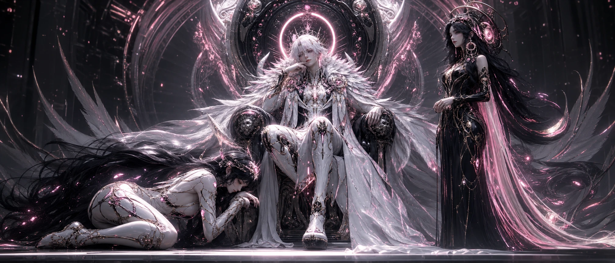 Haloed paladin on a throne with glowing feathered mantle