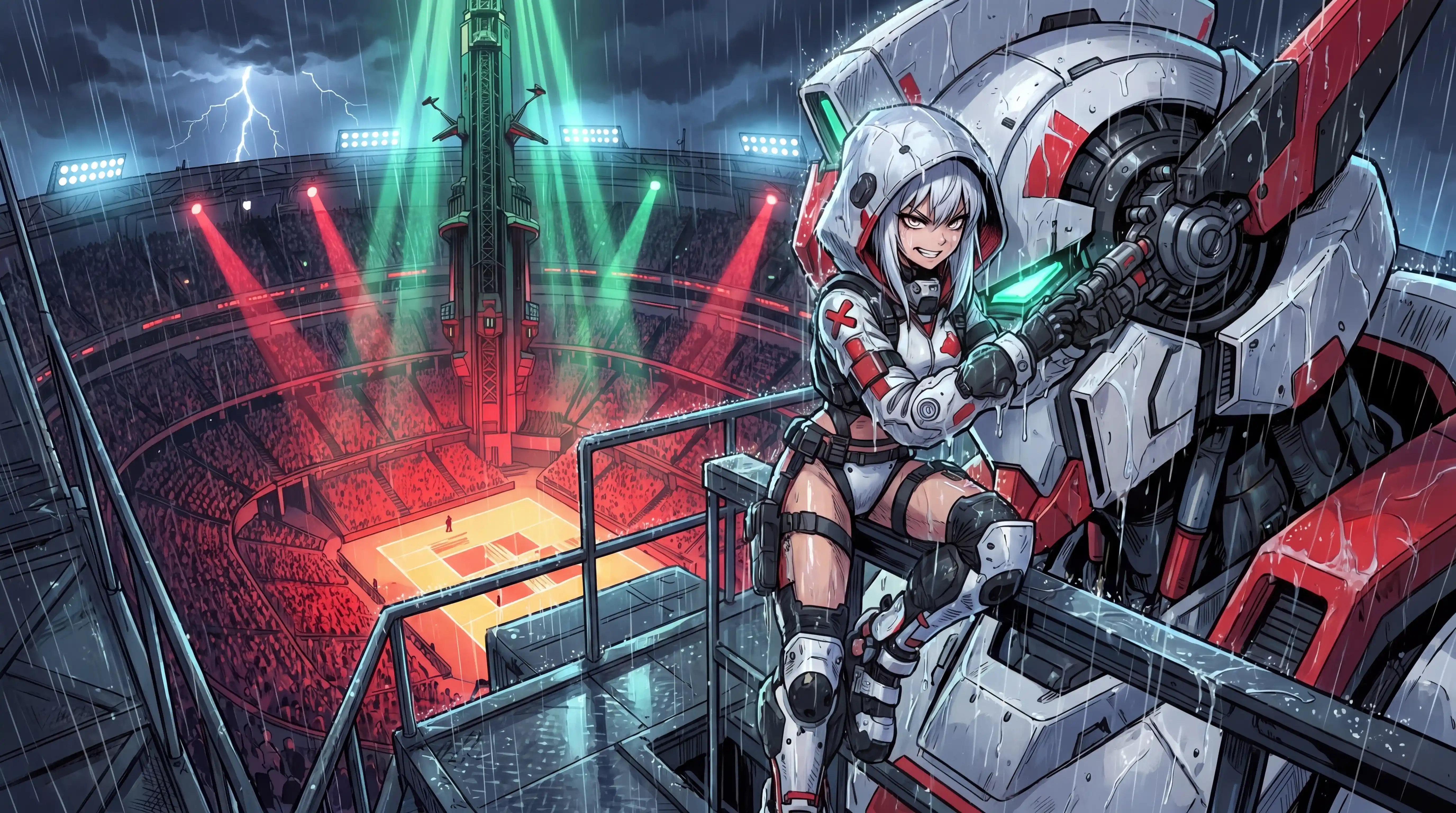 Woman checking giant combat robot in rainy arena