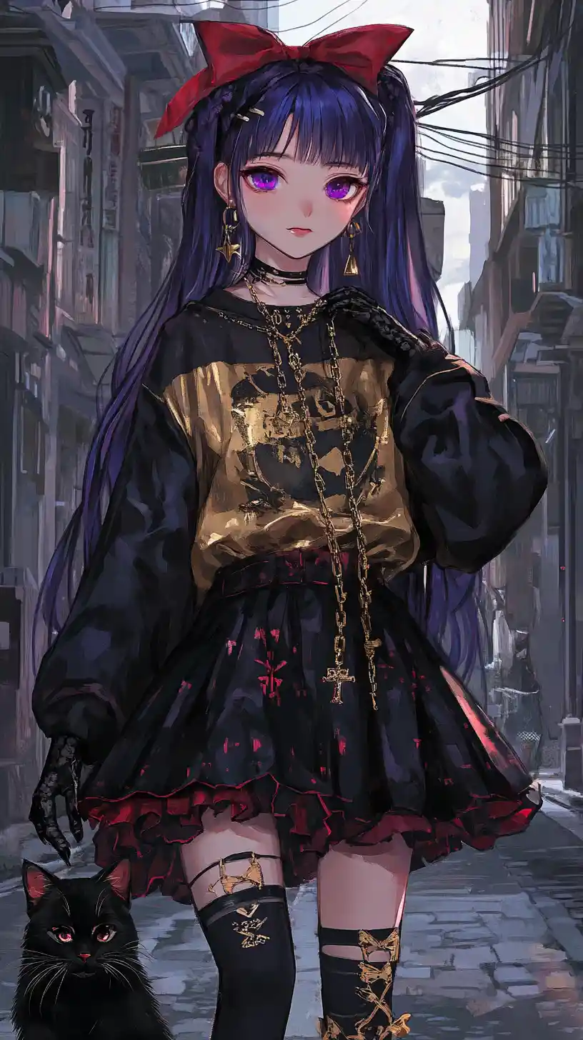 Anime girl in black hoodie holding cat in haunted ruins