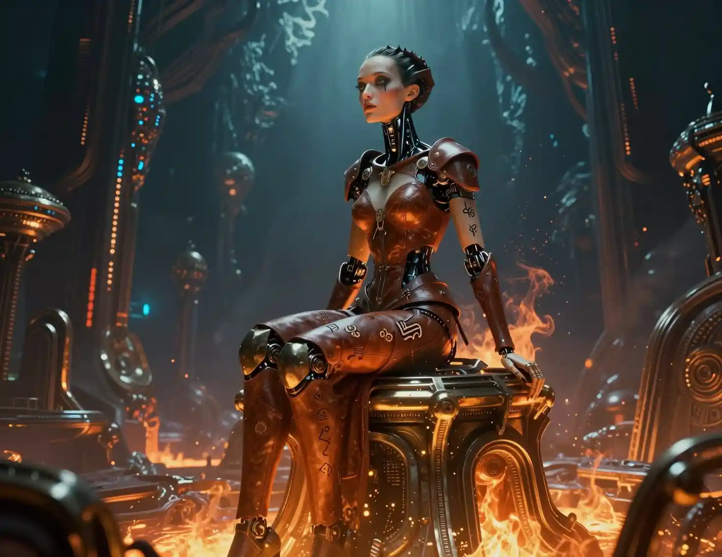 Surreal Android Woman In Runes Etched Armor Above Molten Glow