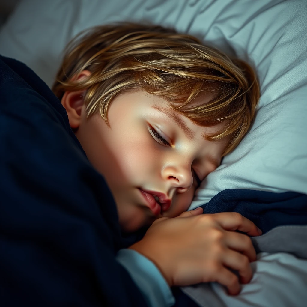 Sleeping boy in moonlit bed with soft painterly details