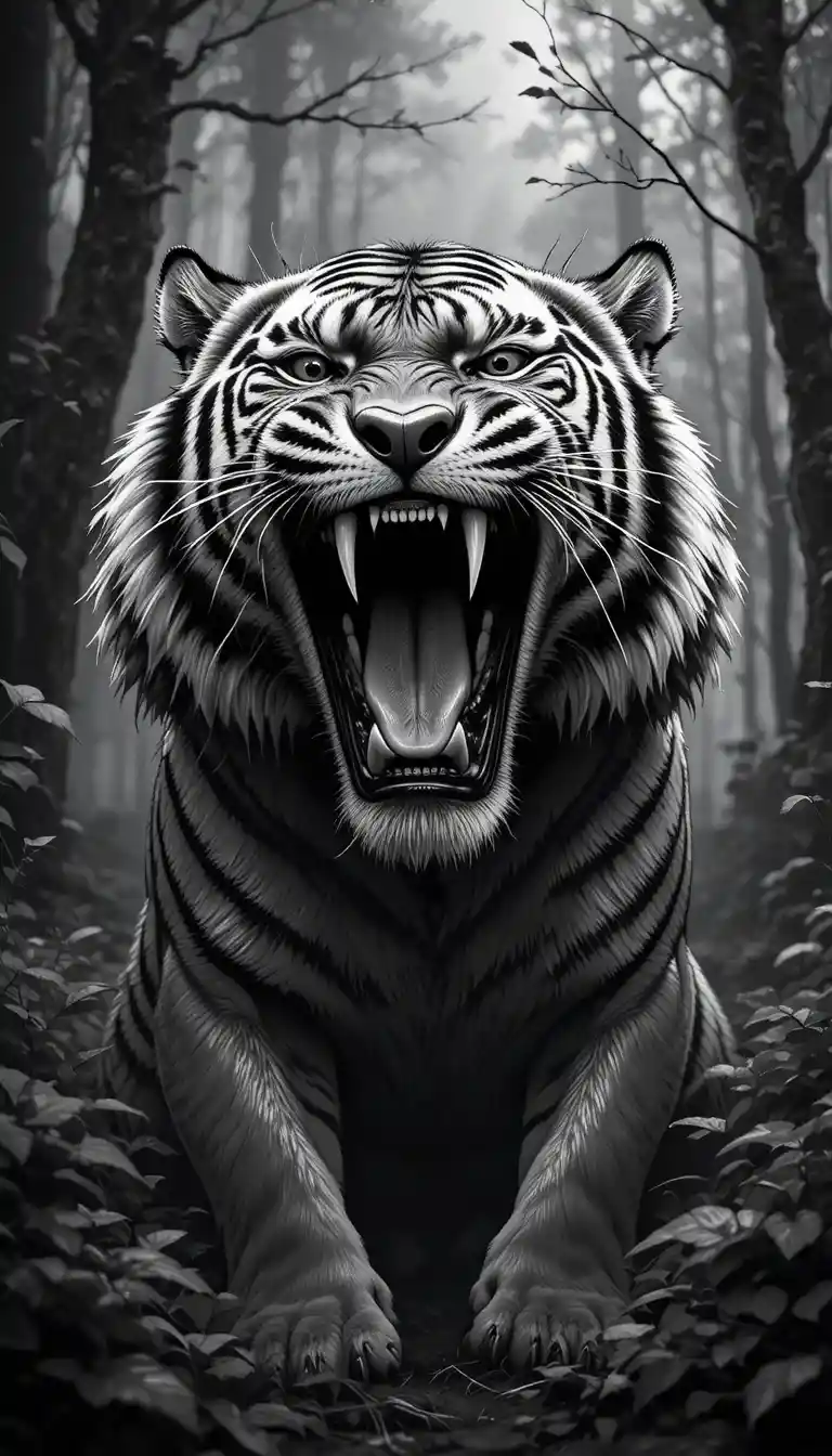 Fierce roaring tiger in a misty black and white forest