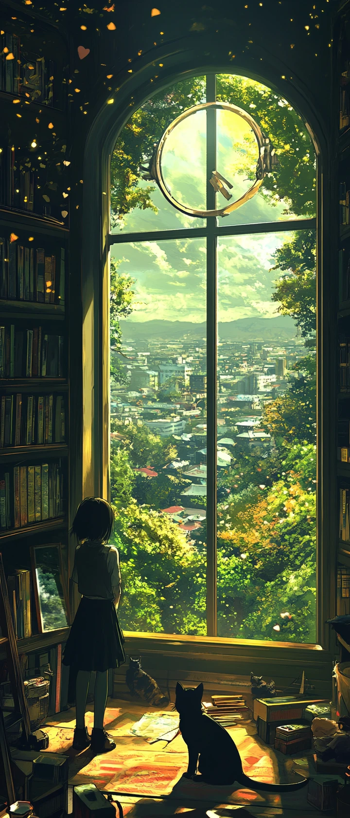 Ragazza anime con gatto nero in una calda stanza con vista sulla città