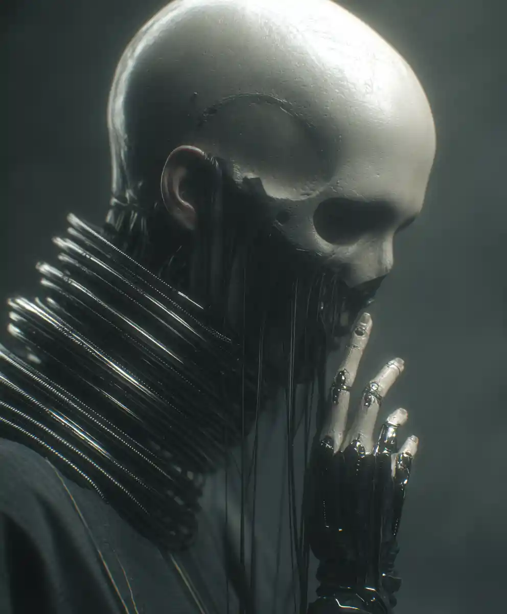 Surreal biomechanical woman with skeletal face and raised hand