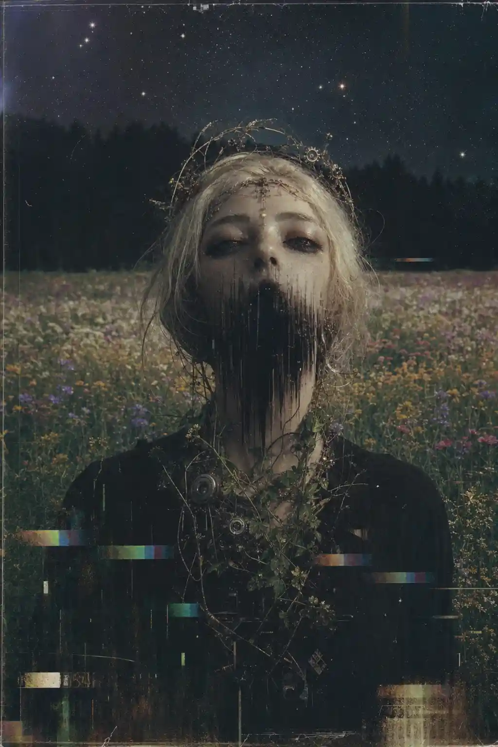 Surreal female figure in a wildflower field of fading memory